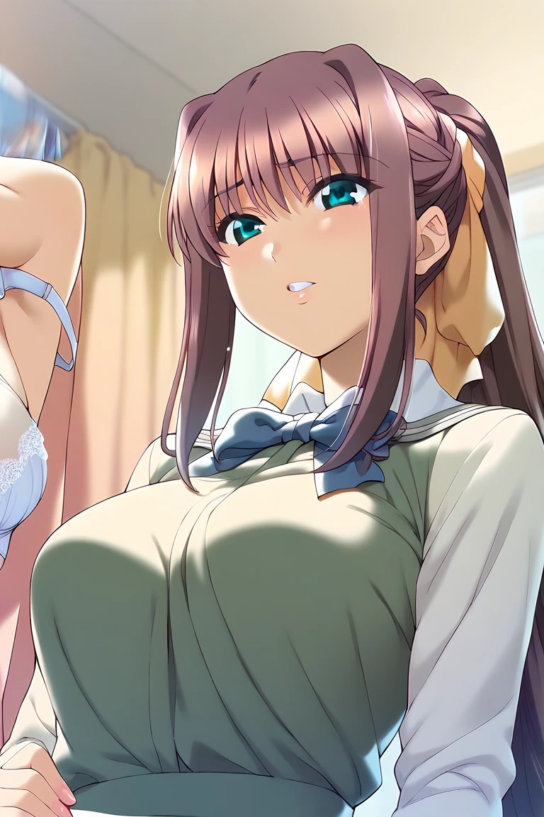 score_9, score_8_up, source_anime Bibl3, cute girl, brown hair, twin braid hair, hair ornament, hair ribbon, school skirt, huge breasts, heavy breasts, breast expansion, full lips, vivid lips, wide hips, thick thighs, striped stockings, viewed from above, on knees, soft smile, innocent expression, face focus, looking at viewer, raised eyebrows, detailed eyes, detailed face, pretty woman, paizuri, huge penis in cleavage, exposed breasts,