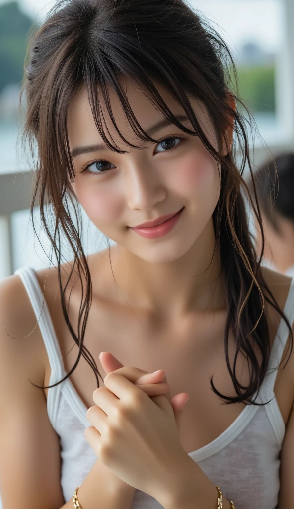 (8k、Highest quality、masterpiece:1.2)、(Realistic、Photorealistic:1.37)、Ultra-detailed、1 person、cute、solo、ponytail、(Nose redness)、(Laughter:1.15)、(Huge boobs)、Beautiful Eyes、(length:1.2)、Floating Hair 、Upper body naked、Hunchback、Wet body、topless、Sideboob、bangs、wet body、Place both hands on the ground
