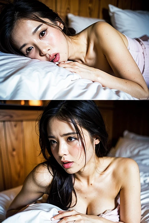 a smile、((top-quality)), ((Best Retail)), (high level of detail: 1.3), (in 8K, RAW Photos, of the highest quality, masutepiece: 1.2), minimalist transparent see through lingerie , (Realistic, Photorealistic: 1.37), (A hyper-realistic), (high details), (Face Detail), (Shadow details), (((gigantic huge tits: 1.5))), ((Long legs : 1.3)), 1 girl, (25-years old), lying back, view from top, Sexy lingerie、Sleeping on the bed, Sexy face, sexy pose, sensual face, Ahegao