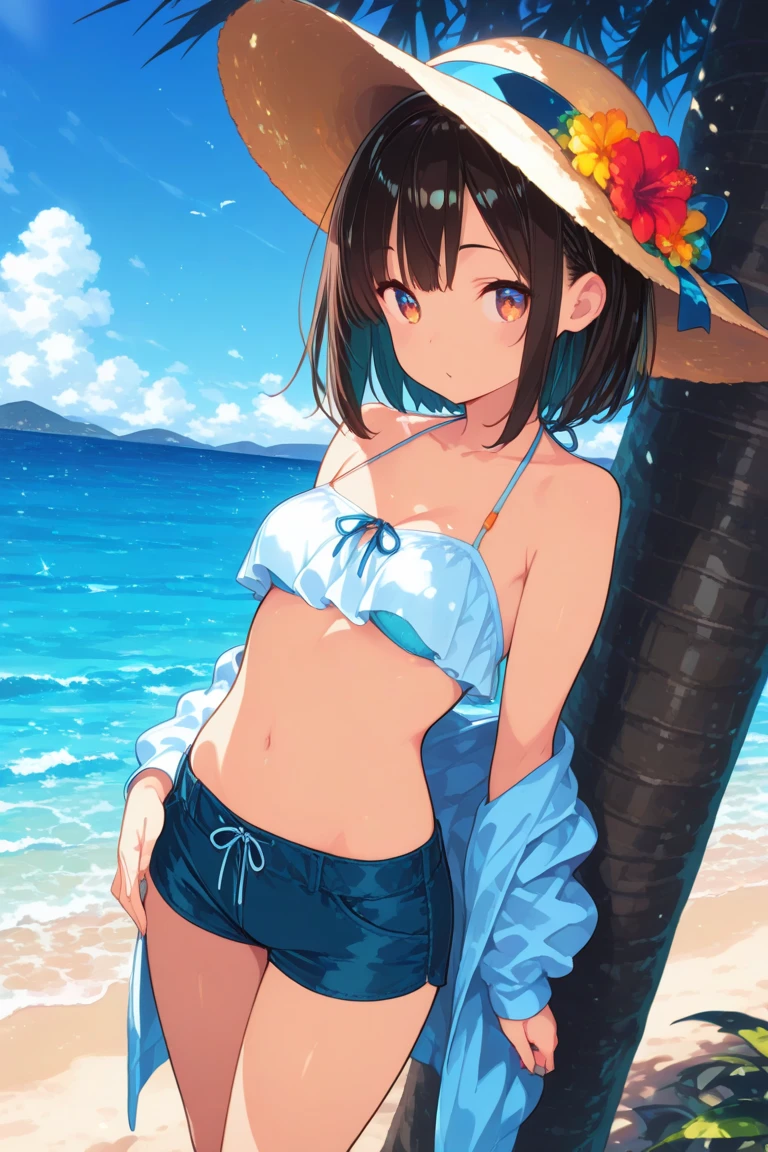 Man and woman couple wearing t-shirts having fun at the beach in summer,"Clear eyes"、"Sparkling Eyes"、"Detailed depiction of the iris"