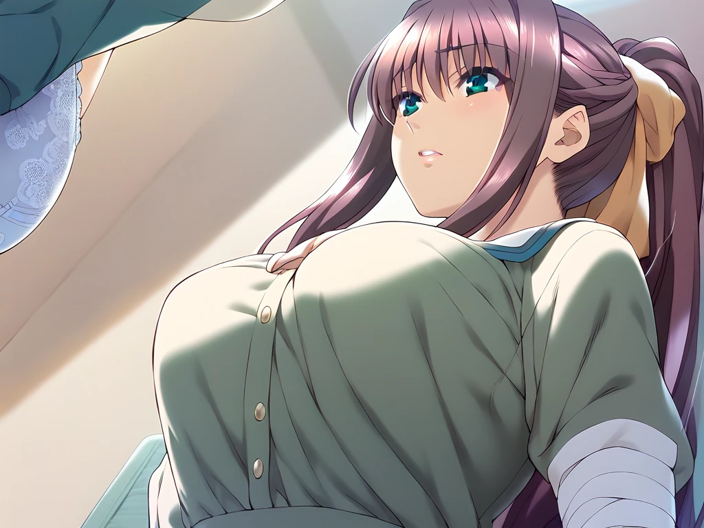 large breasts, penis, pov, paizuri under clothes, white background, <lora:deeppaizurifellatio3:0.8>