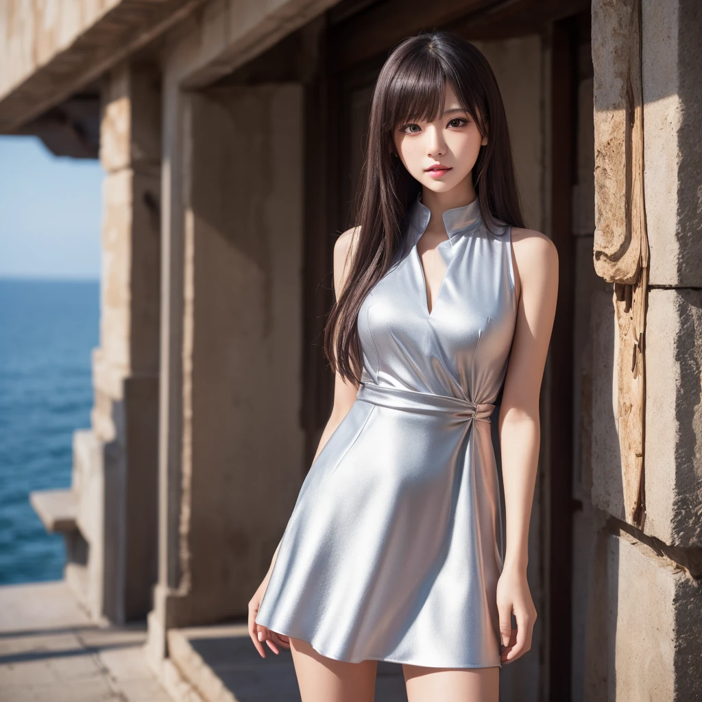 35mm photograph,1girl wear a dw13\(sliverderss\),male focus,light smile,light,sitting,(dark lake:1.2),single hair ring,(look at looking at viewer), rim lighting, studio lighting,dslr,ultra quality, sharp focus, tack sharp, film grain, Fujifilm XT3, crystal clear, 8K UHD, highly detailed glossy eyes, high detailed skin, skin pores, ,