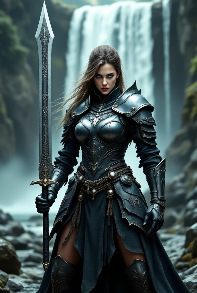 a photo, warrior woman ,hair brown, fantasy dress, realistic, hd, beautiful dress blue, realistic, half body shot, sharp focus, 8 k high definition, insanely detailed