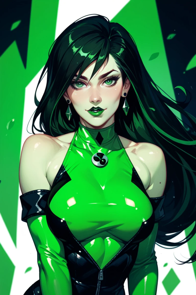 Sexy woman, dark hair, white crop top, cleavage, Bluejeans, in the streets Female with long dark brown hair green eyes as a mcu comic book character with green powders