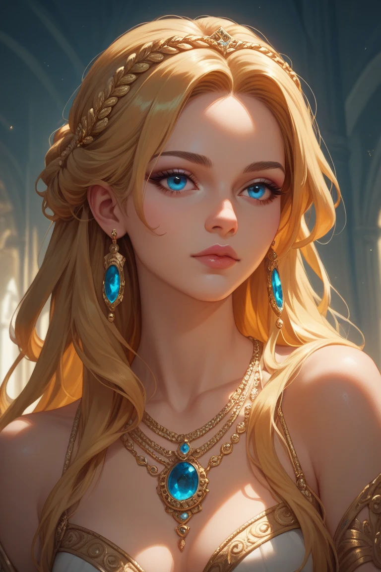 (((A warrior and seductive queen))), her silhouette dances with supernatural grace, every detail is a whimsical mix of lights and fascination. Half body. Dark blonde hair and deep blue eyes. A digital painting captures your essence, displaying vibrant tones and intricate details that draw viewers in. Her ethereal form is adorned with a tangle of precious stones and shimmering gold, her eyes a hypnotic swirl. This captivating image evokes a sense of mystery and enchantment, inviting viewers to lose themselves in its enchanting gaze.