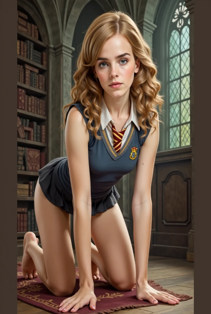 a girl,emma watson plays hermione, beauty,A charming smile,sexy bikini, Good, thong,The school uniform jacket is open,No buttons,露出里面的Good,Exposing belly,Navel,Waist,Exposed Crotch,Bare legs,plump body ,huge breasts, Huge ass,sexy pose, kneeling on desk, Ass up, Wand in hand,Casting Magic,Fire,lightning,Hogwarts School,