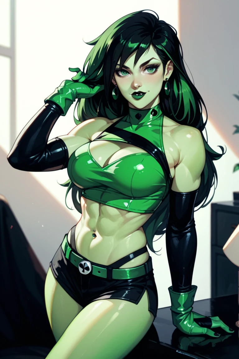 8k, best quality, beautiful muscular adult woman, biker, very muscular, very tall, long wild vivid green hair, large breasts, wide body frame, broad shoulders, lusty expression, massive juicy ass, nude, sultry grin, athletic, fit, pale white skin, 8 feet tall, muscular thighs, shredded waist, glowing green eyes, beautiful, strong, TALL, hdr, torn black leggings, tight black tee underneath, mid-length black leather vest, black goth eyeliner, long hair, green eyes, matte black lipstick, indoors, night club