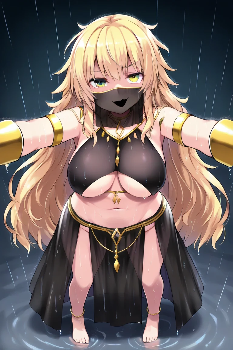 hinghoi, degenerate, incredibly absurdres, best quality, 2d render, sharp detail, standing cowboy shot, looking at viewer, (teenage female character, 1girl, (anger vein:1.2), medium breasts, cleavage, yellow hair, diagonal bangs, (fusion between front ponytail and curly hair:1.4)), red eyes, deep eyes, (tears:1.2), wearing crocs with no jewelry or neckwear, desert, finely detailed background, amazing background