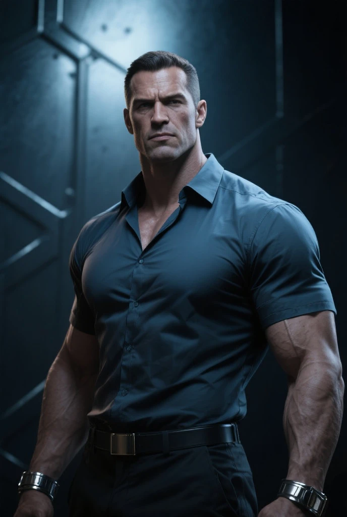 1man, middle-aged man, red eyes, evil smirk, mustache, beard, prominent muscular body, veins, bigger muscle biceps, bigger muscle chest, bodybuilder bodyshaped, white t-shirt, grey trousers, midnight city (background), morning, hd, high quality, realistic, hyperdetail, ultra-realistic, 8k Resolution 