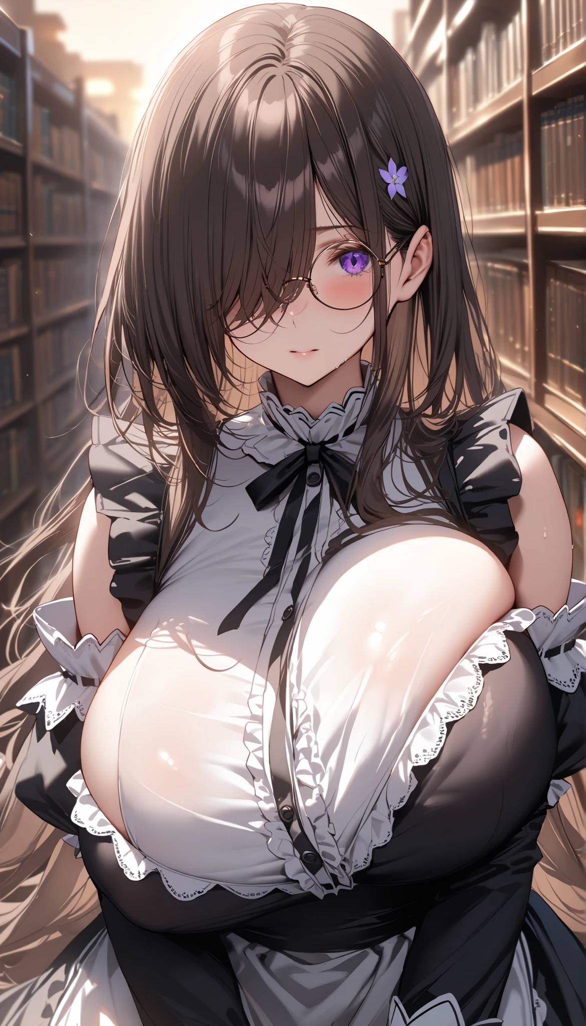 (masterpiece, Highest quality:1.2), (1girl), alone, ((long hair)), ((dark brown hair)), ((hair over face)), (hair over one eye), (hair over right eye), high detail, bloom, ((detailed face)), (beautiful effects), ,detailed eyes,(black maid dress), white apon,long sleeves, (purple eyes), ((huge breast)), library, dusk, sitting, round glasses