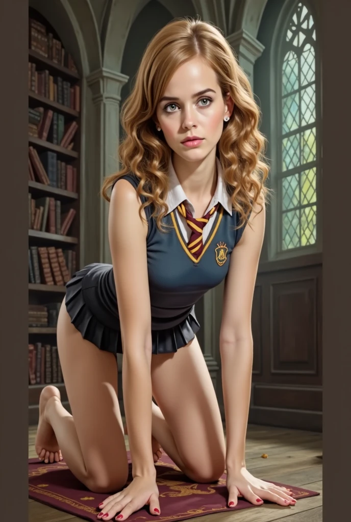 from below, emma watson as hermione granger in her gryffindor uniform, open shirt, short skirt, sitting on an armchair, legs wide open, bare feet, touching pussy