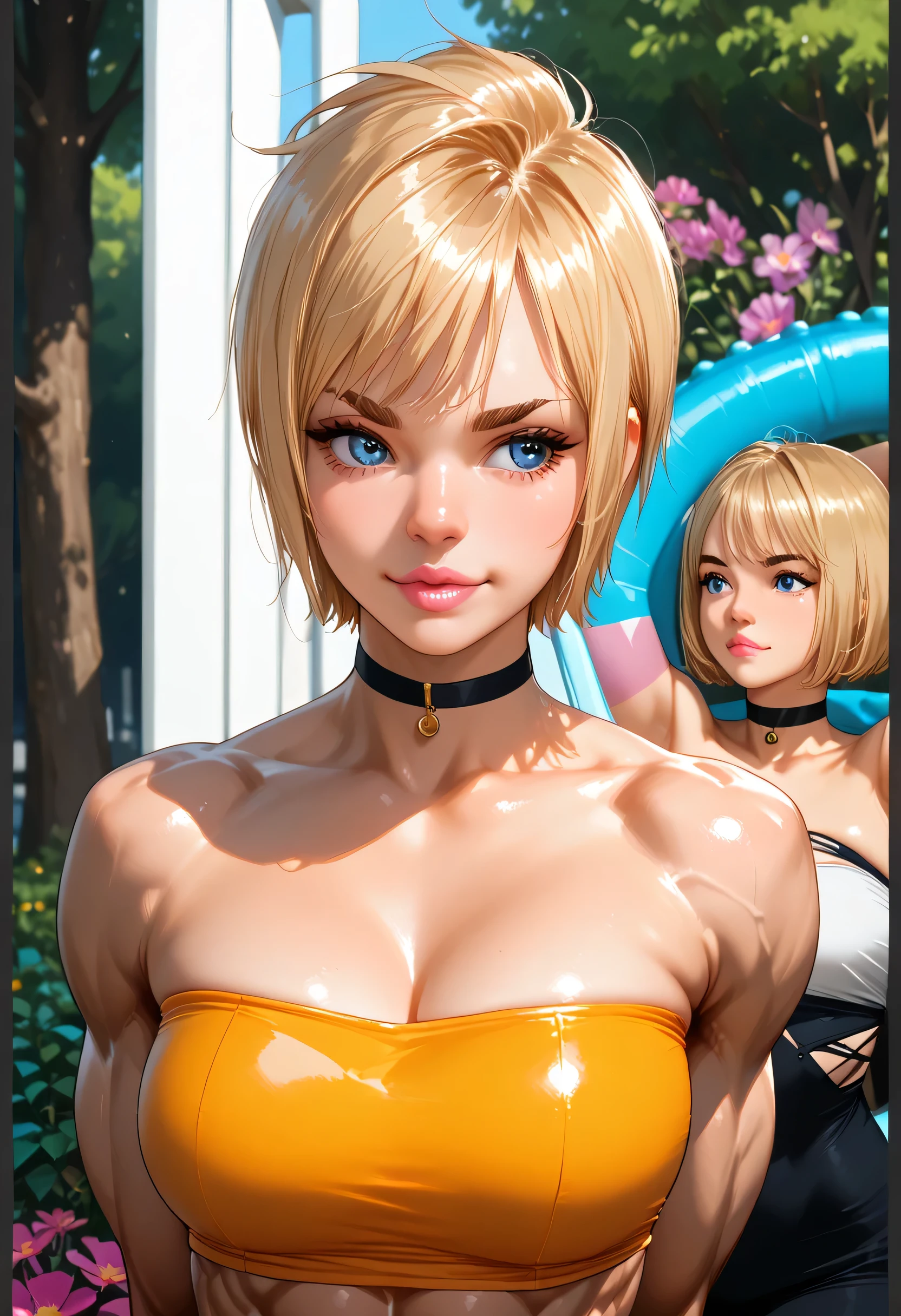 (Short Hair) ((Blonde Hair)) (Perfect Face) (Beautiful) (Female Muscles) ((Women)) (Perfect Body) (Black Mini Tube Top, Mini Tube Top) (Black Choker) (Brown Thin Eyebrows, Blue Eyes) (Nose, Lips, Pink Lips) (Park Happy, Trees, Flowers) (Arms Behind Back)