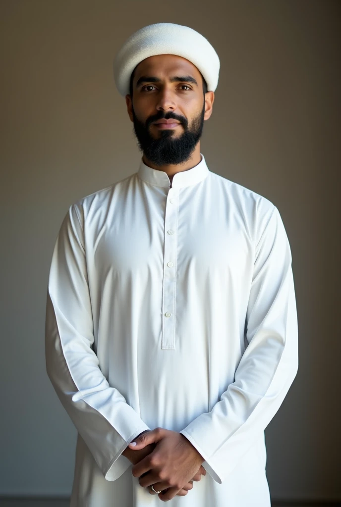 A young man with A white round cap on the head and a confident white punjabi.
He is dressed in a over a white shitt.
The man is positioned against aqua colour backitop
with a subtle red lighting on the left side.
and he posing for Linkedln profile