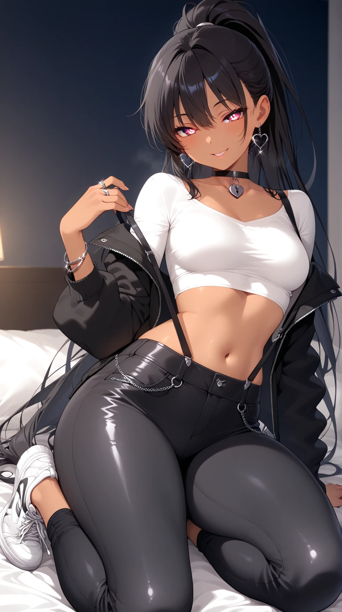 High resolution, woman , good lighting, despicable, , (No nudity), (((loose jeans micro shorts))), ((tight leather top)), (((leather thigh high boots))), (garter belt), abdomen only, (wet shorts), , cute face, I'Iは恥ずかしくて赤面します, humiliating, ((spread your legs)), ((I can see your panties))