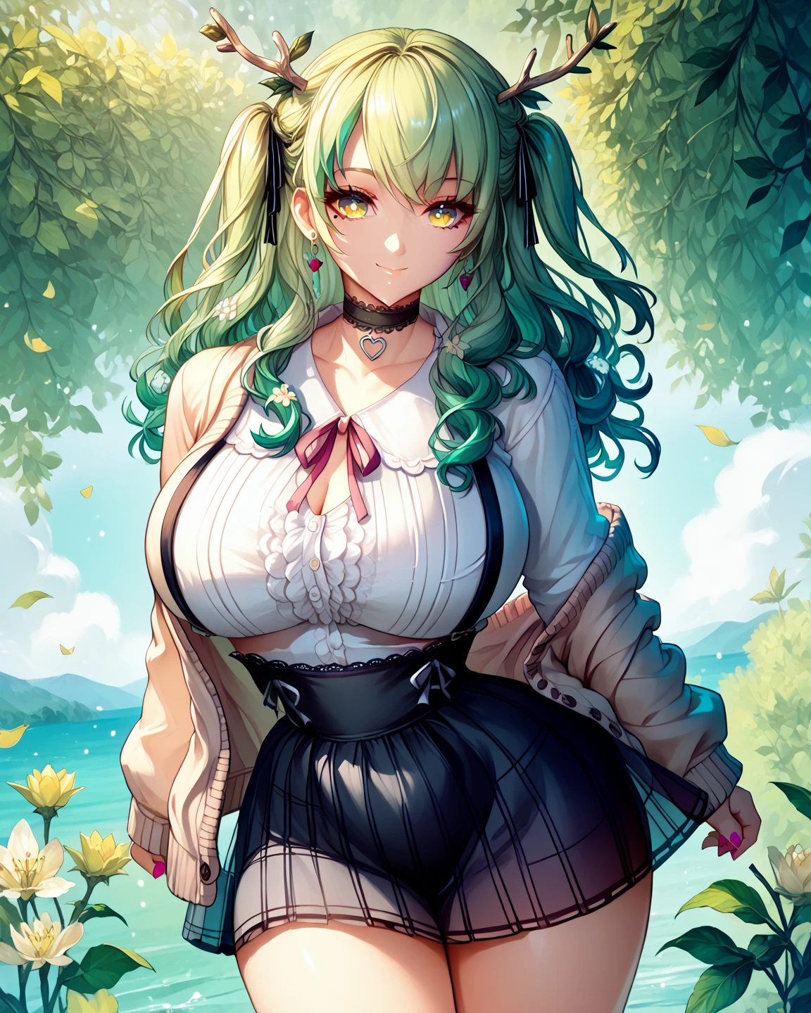 1 girl，Best quality, tmasterpiece, Long green hair, beautiful,detailed eyes, HD, super cute girl, super cute hairstyle, extremely detailed, Visually inspect the audience, The face is slightly red，is shy，adolable，Lori small breasts cleavage, skirt, pleated skirt, frills, frilled bra, (solo:1.6), seductive smile, (green eyes with beautiful pupils:1.7), (on her knees:1.5), (garden background with butterflies and flowers around:1.2),