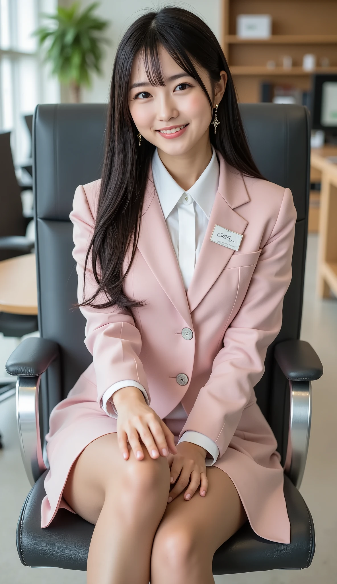 (full body image:1.5), (Beautiful leg line from thighs to high heels:1.5), (From the top of her head to the tips of her feet :1.5), Sleek long black hair , Professional Office Lady with Long Dark Hair, is sitting in a chair with her legs crossed, The height of the chair is 60cm, Highest Quality, detailed eye and skin textures, Studio Lights, 30 years old, dark eyes, elegant, medium chest, plump lips, earrings, pale pink tight suit, white blouse, miniskirt, brown pantyhose, high heels, name tag, long sleeve, slight motion blur , light motion blur, side view, Focused Expression, full body, (Put your shins or toes or high heels:1.5),