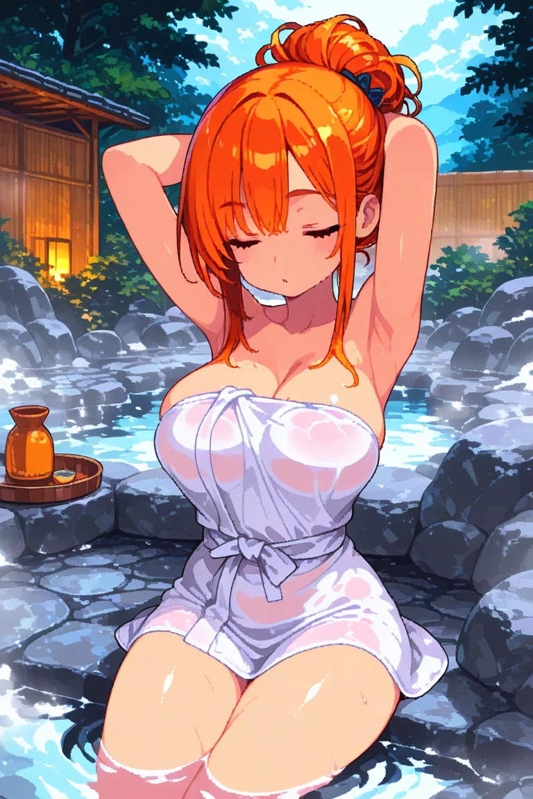1girl, Anime girl with long hair, anime moe art style, Anime visuals of cute girls, Anime Best Girl, itsuki nakano fanart, pretty anime girl, Smooth Anime CG Art, Seductive Anime Girl, charming anime girls, Cute anime girl, Shining eyes, big boobs, close up, red hair, blue eyes, (portrait), onsen, hot springs, water, steam, covered by towel, ponytail, ahegao