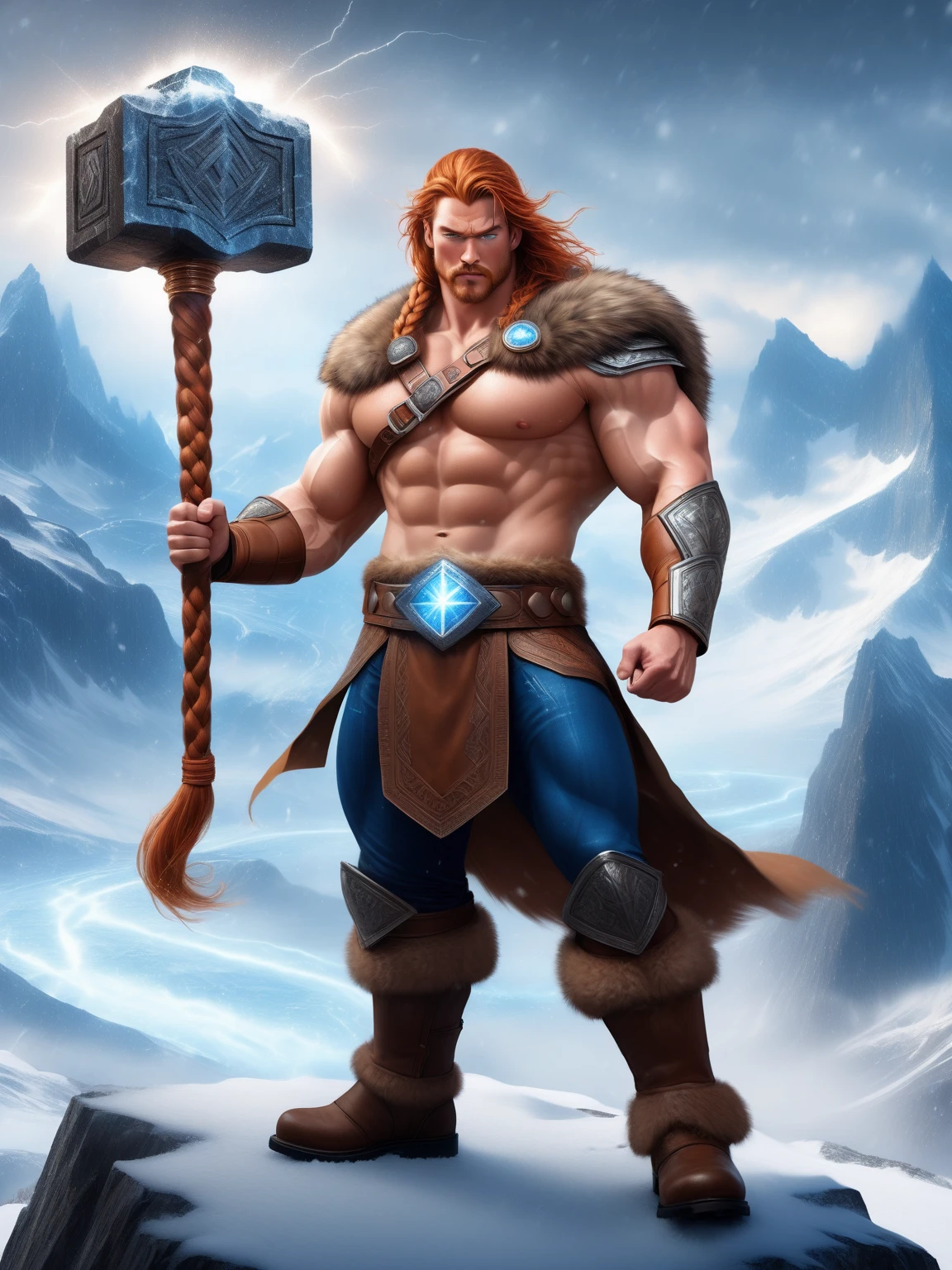 Viking very handsome blonde ultra realsta, muscular, with cuts by the body holding an axe in the snow --auto --s2