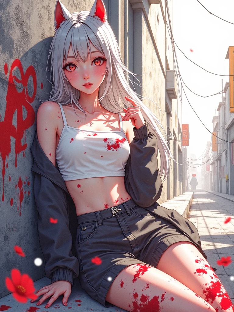 Creepy , dark , night, (extremely detailed CG unity 8k wallpaper,masterpiece, best quality, ultra-detailed, beautiful detailed eyes:1.2),best illumination, (best shadow, an extremely delicate and beautiful, bloom),1gril,solo, No i want a killer named sarra , 20 years, White hair , grey eyes, wearing black trending clothes, holding a gun , walking in the middle of the street after killing people, blood in every place , evil laugh , her face cover by blood , the street cover by blood