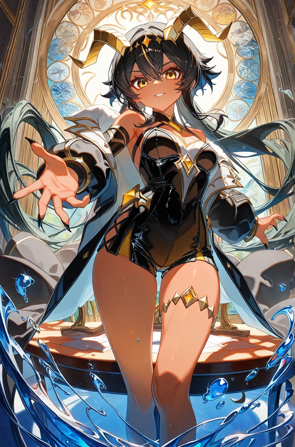 The erotic silver saint in a super high-cut, risqué slingshot and string swimsuit outfit has her hands up, her legs spread wide, and is tied up with chains, suspended in mid-air, unable to move and feeling embarrassed.(((SFW、sound、Highest quality、first-class、masterpiece、Normal body、8k、Detailed face、Ultra-precision、Normal hand、Normal finger、5Finger、Highest)))