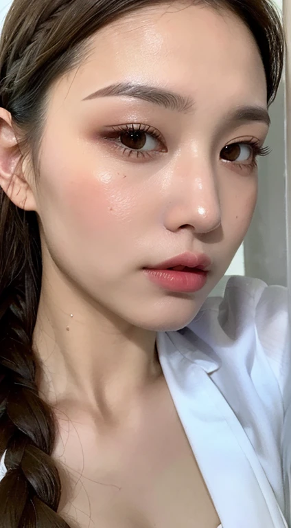 ((best quality, 8k, masterpiece: 1.3)), 1 girl, Slim Abs Beauty: 1.3, ( Casual and cute hairstyle: 1.2), : 1.1, Charming face expression of enjoyment and desire, Detailed eyes, double eyelids, With earrings, bedroom, Concert makeup, ((Medium breasts nude, cute breasts)), (Lying in bed), (The portrait was taken from above her lying body)