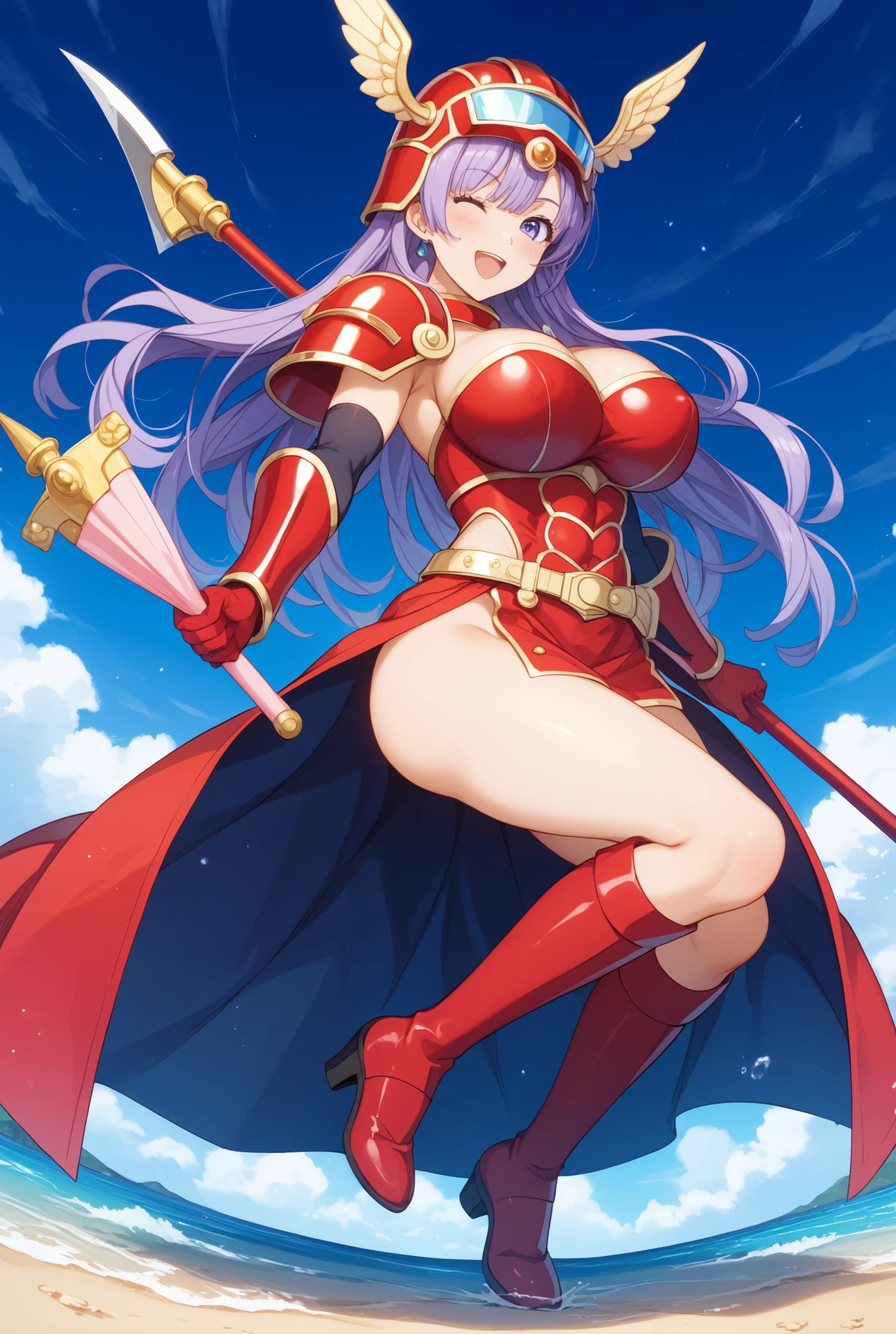 ((Highest quality)), ((masterpiece)),(detailed),High resolution,Sharp focus,Perfect Face,{best illustration},(complete anatomy),
shiny 肌,very shiny 肌,Shiny body,plastic glitter 肌,exaggerated shiny 肌,illuminated skin,curvy,
(非常にdetailed CG unity 8k wallpaper),(((Vibrant colors))),Official Art,dq3,Woman warrior,One girl,Perfect Fingers,
Purple long hair,Curly Hair,blue eyes,Sharp Eye,Large Breasts,(Perfect body,Perfect breasts),(Huge breasts, Glamour:1.1),
An athletic body, Muscular,visible muscles,Firm Abdomen,Long legs,((Huge hips:1.3)),
Beautiful Eyes,Symmetrical eyes,Light blue eyes,
gloves,Loincloth,Winged Helmet,Shiny red bikini armor,Red long boots,
((Island above the clouds)(Floating:1.5)),A river that flows through the center of the island,Cascading Waterfall,Vast grassland,There's a haze in the distance,
Beyond the Clouds,reflection,Breathtakingly beautiful clouds,Dazzling Light,altostratus,Majestic Landscape,
holding sword, Hold your shield in front of you, Serious expression,