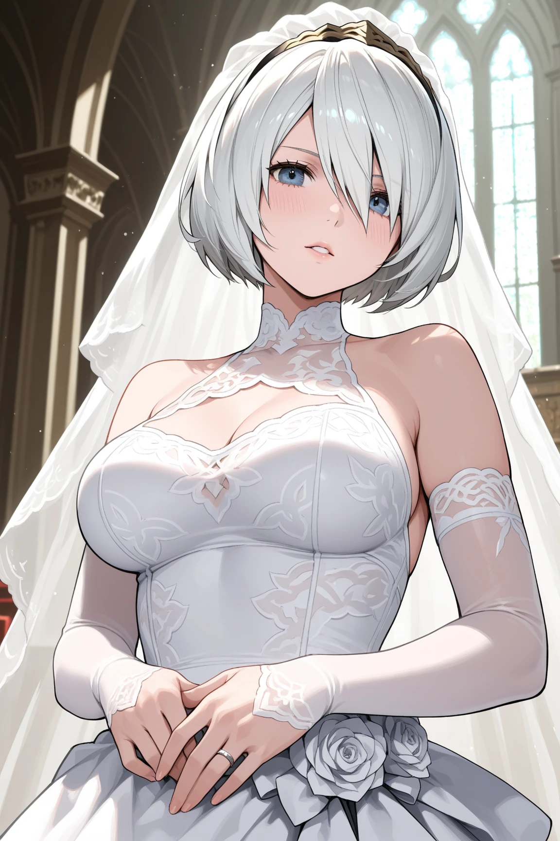 score_9, score_8_up, score_7_up, score_6_up, source anime,nero claudius \(bride\) \(fate\), nero claudius \(bride\) \(second ascension\) \(fate\), 1girl,masterpiece, best quality, highres, aanero, ahoge, veil, green eyes, chain, padlock, (white bodysuit:1.2), zipper, white gloves, belt, frills, white dress,center opening,unzipped,cleavage,navel, hand on hip , standing, waving, bench, smile, petals, rose petals,