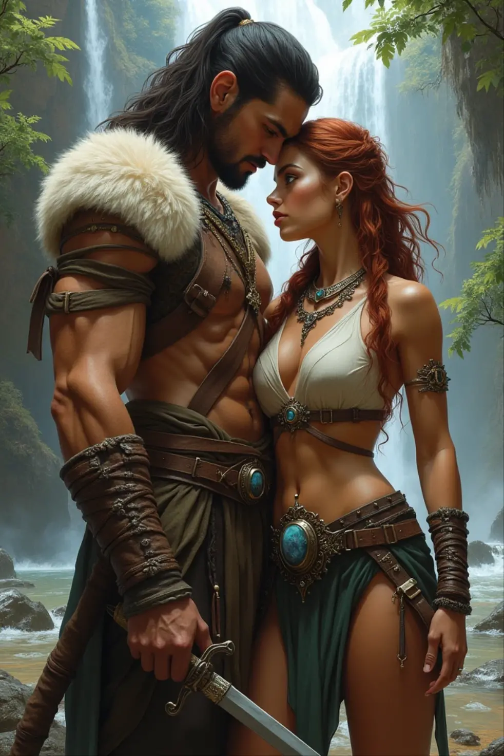 Black Viking left arm tattoo design, a full body muscular viking man and beautiful woman, muscular legs, holding big sword with right hand, brown hair divided with bangs, perfect realistic blue eyes, wearing warrior leather shoes, wearing warrior boots, lake and mountains in the background.