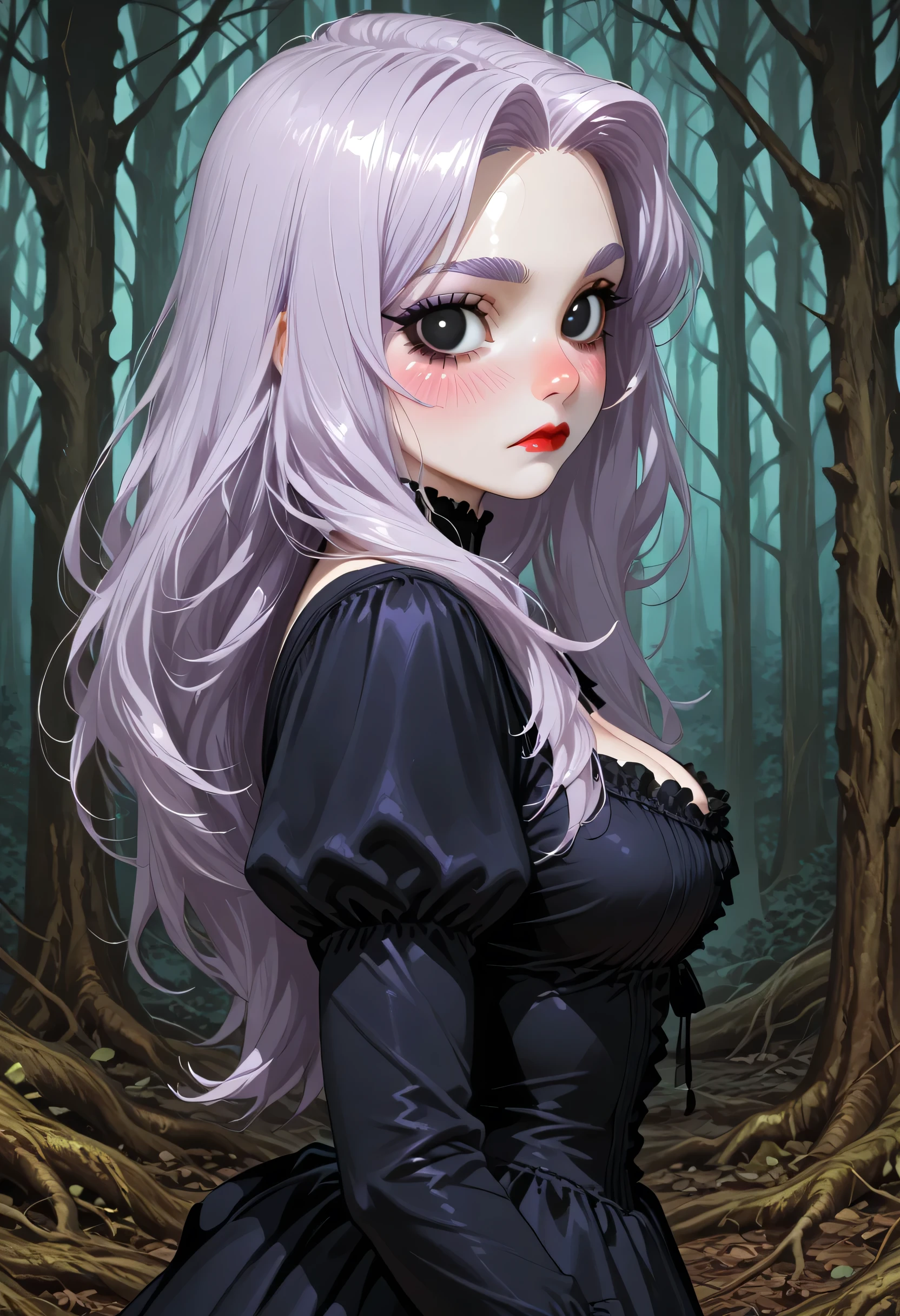 Dead Forest, Forest, Trees, 1Girl, Perfect Body, Beautiful Girl, Light Purple Hair, Long Hair, Purple Eyebrows, Natural Eyebrows, Black Eyeliners, Big Eyes, Black Eyes, Pink Blush, Nose, Red Lipstick, Thick Lipstick, Closed Mouth, Black Victorian Dress, Medium Breasts, From Side, Looking At Viewer