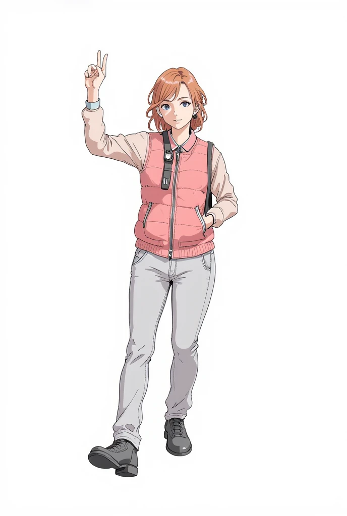 Pretty Girl, beautiful minimalist clothing, THIN GIRL, good anatomy ,cute bangs, comfortable clothing, manga anime, High Quality, elegant jacket , pastel colors , winter outfit, aesthetic , smile, clothes casual- formal,high resolution, Girl shoes detail, slightly elegant