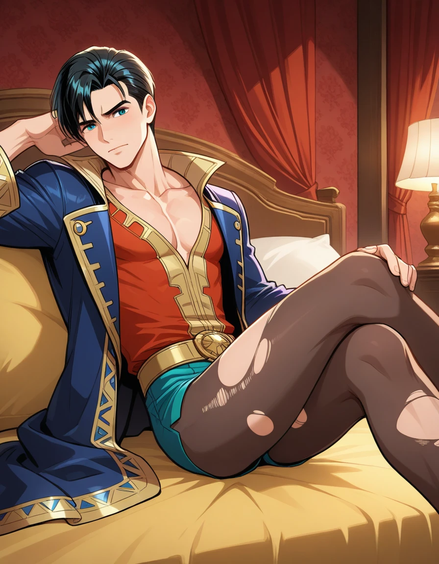 prince,20 years young has a tan brown skin, deep ((blue eyes)) ,sexy short black hair, he is athletic male with fit body deepblue eyes down, abs, open robe, bulge, sitting on a large majestic throne sofa, spread legs, relaxed,laurel crown, palace,courtroom, (ultra high res,photorealistic,realistic,best quality,photo-realistic), (8k, raw photo, best quality, masterpiece), (nsfw), (photon mapping, radiosity, physically-based rendering,automatic white balance), technological sense, best quality, masterpiece, illustration,CG ,unity ,wallpaper, official art, Amazing, finely detail, an extremely delicate and beautiful,extremely detailed, highly detailed, sharp focus,rich background,blurry background, (real person,photograph), (((high detailed skin,visible pores))),