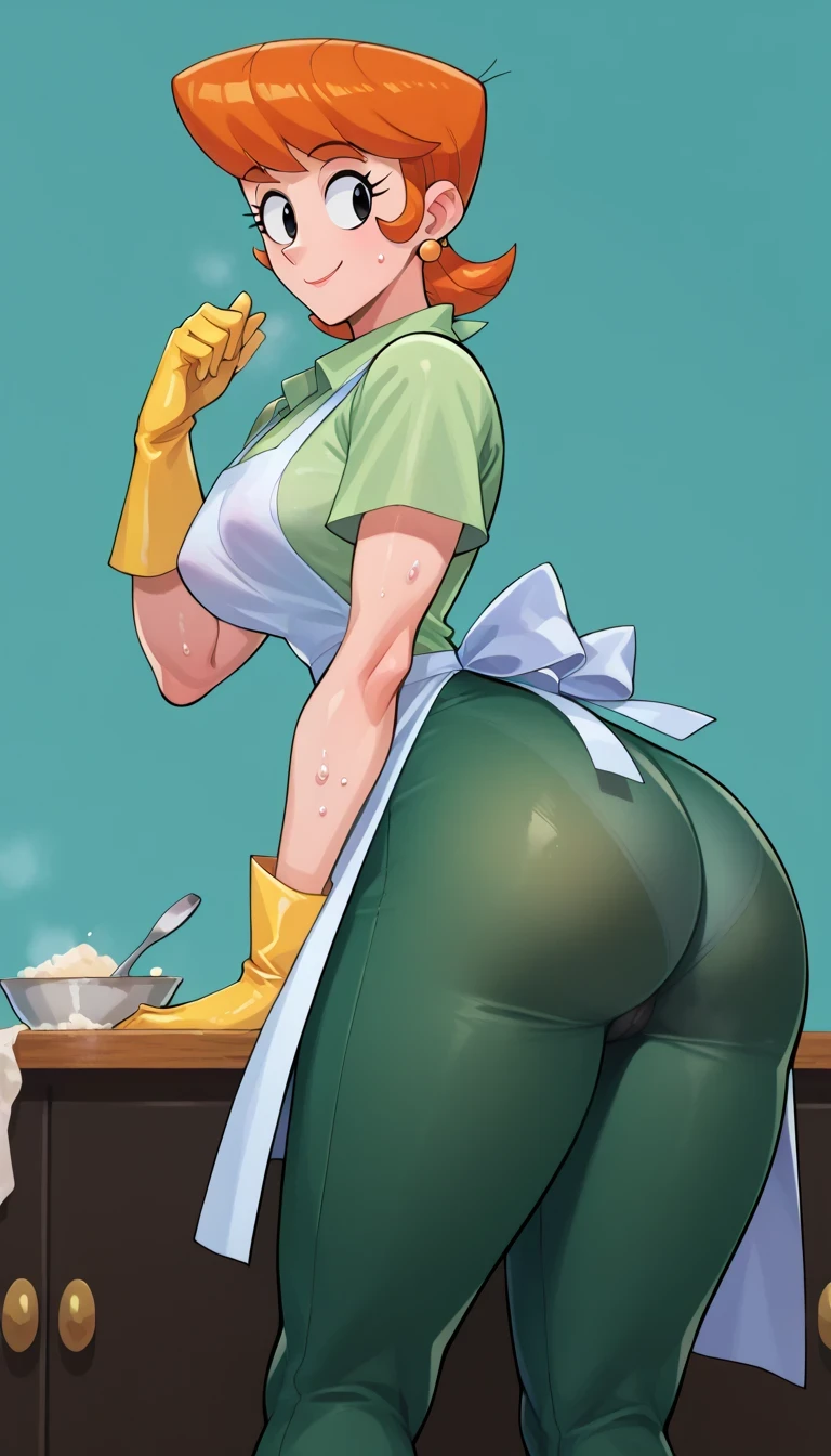 short hair, Red hair, green blouse, green yoga pants, open blouse, big breasts, in a kitchen, yellow latex gloves, splashed with semen on her buttocks, annoyed, yelling, crying, flushed.