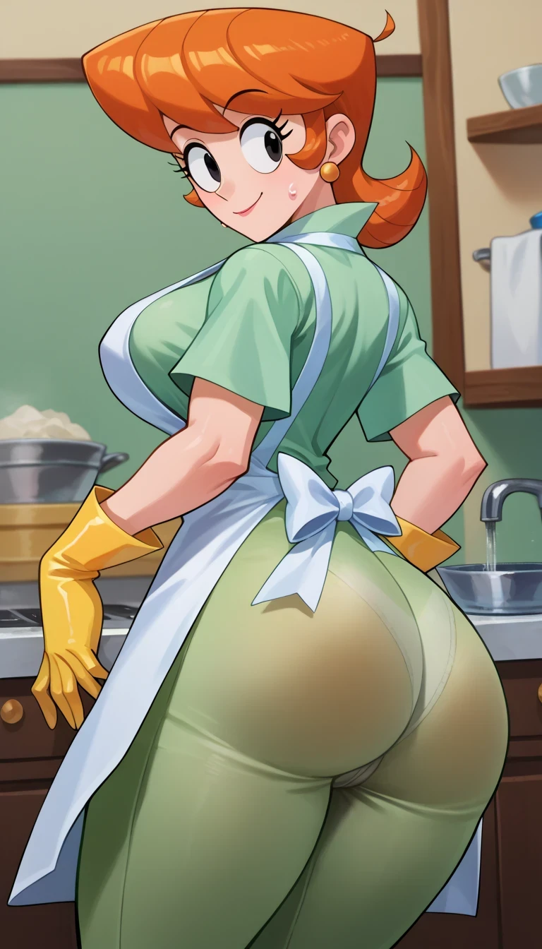 but short, Red hair, 5 fingers on each hand, yellow latex gloves, green dress, White apron, Sexy black stockings, garter belt in each stocking, panty roja sexy, you can see her naked breasts, annoyed, shows teeth, in a kitchen, semen drips from her red pantie, splashed with semen on her breasts. mira de frente muy annoyed, blushing.