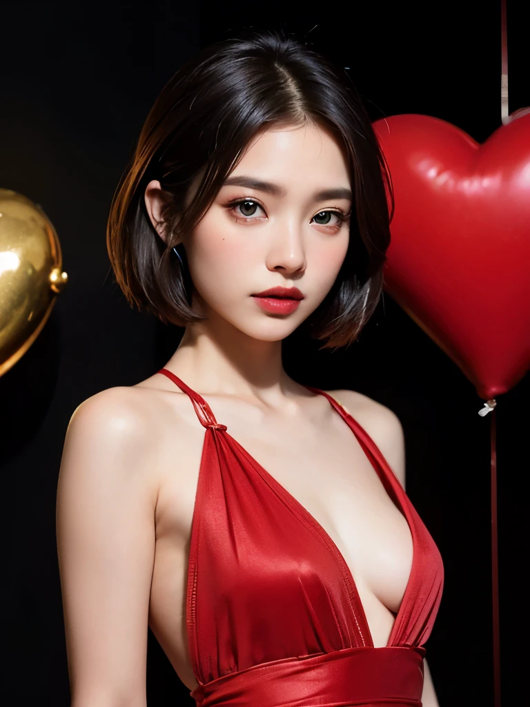 masterpiece、Ultra-high sensitivity、dramatic lighting、bob、brown hair、very cute woman、give valentine chocolate、emphasize the chest、big breasts、red casual style、