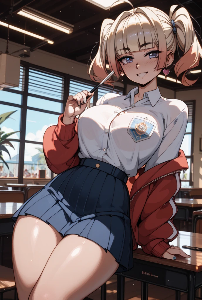 White woman wearing casual clothes and a short skirt to a restaurant f with her breasts out , fit 6 pack , blonde hair very long super thick wild hair , smiling seductively, blushing , small blond wolf ears , red glowing eyes , freckles , wearing leggings , perfect shaped ass , perky tits , wolf tail