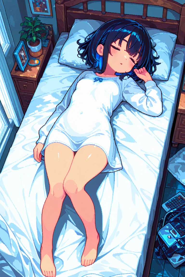 (masterpiece), (best quality), ((ultra-detailed)), (high resolution), (an extremely delicate and beautiful, super fine illustration), official art, BREAK (1girl), (:1.6), (tiny girl:1.6), (5yo)lat chest:1.4), Plump, (Thick thighs:1.8), (big ass:1.5), erect nipples, Huge areola, large nipples, (long nipples:1.4), erect nipples, oily skin, BREAK droopy eyes, emerald blue eyes, (bad mood:1.3), (clear face:1.3), (half closed eyes:1.4), BREAK (bob cut:1.3), tired hair, messy hair, Black hair color, girl wearing round black glasses, BREAK [[open mouth]], (pajamas:1.3), (white socks:1.5), BREAK open legs, BREAK (Sweat:1.3), steam, humid, BREAK (messy room:1.4), BREAK (dynamic angle:1.4),
