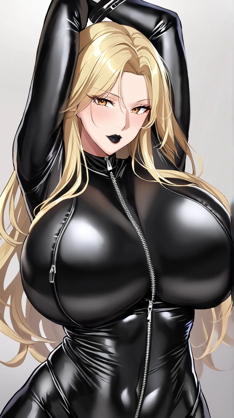 (Super Pochaco), Beautiful thick milf with huge breasts, thick thighs, blonde hair, orange eyes, (thick), gothic makeup, goth, black eye liner, black lipstick