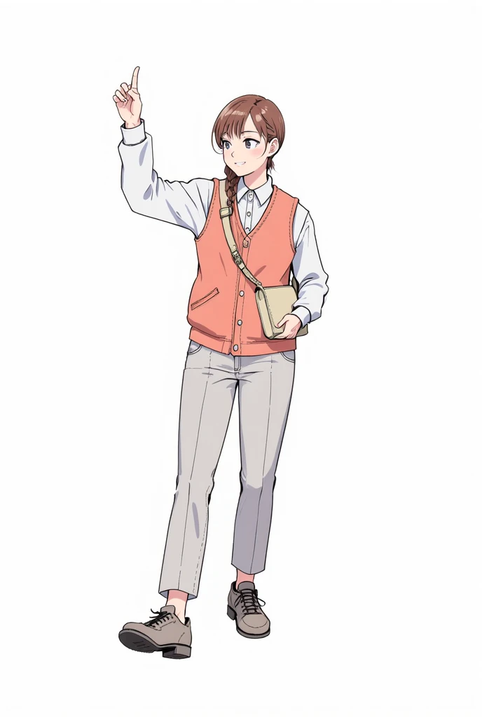Pretty Girl, beautiful minimalist clothing, THIN GIRL, good anatomy ,cute bangs, comfortable clothing, manga anime, High Quality, elegant jacket , pastel colors , winter outfit, aesthetic , smile, clothes casual ,high resolution, Girl shoes detail, slightly elegant