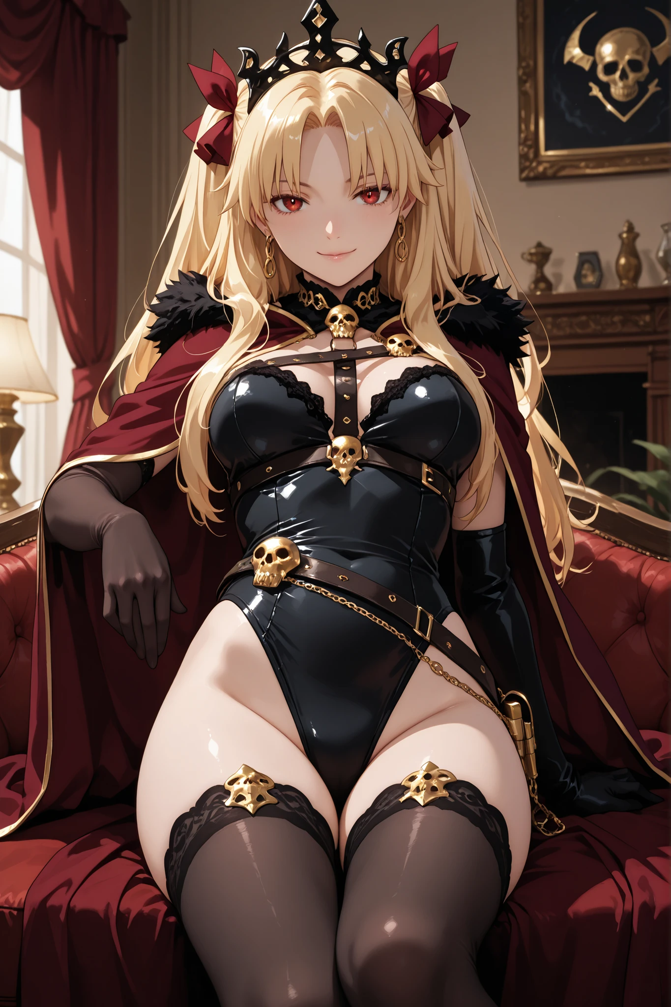 ((masterpiece)), ((best quality)), 1girl, adult, long hair, ((blonde hair)), blonde hair, ((intimidant look)), ((close-up)), green eyes, black and red clothes, sexy, dark colors, brillant eyes, ((coat with fur)), ((wavy hair)), perfect hands, ((sexy pose)), ((intimidant look)), good anatomy, ((dark sage clothes)), ((straight cut bangs)), emotionless, intimidant, ((beautiful eyes)), close up, ((detailed eyes)), beautiful eyes, ((detailed face)), hair bang, frontal look, abs, smile, detailed face, eyepatch, full body