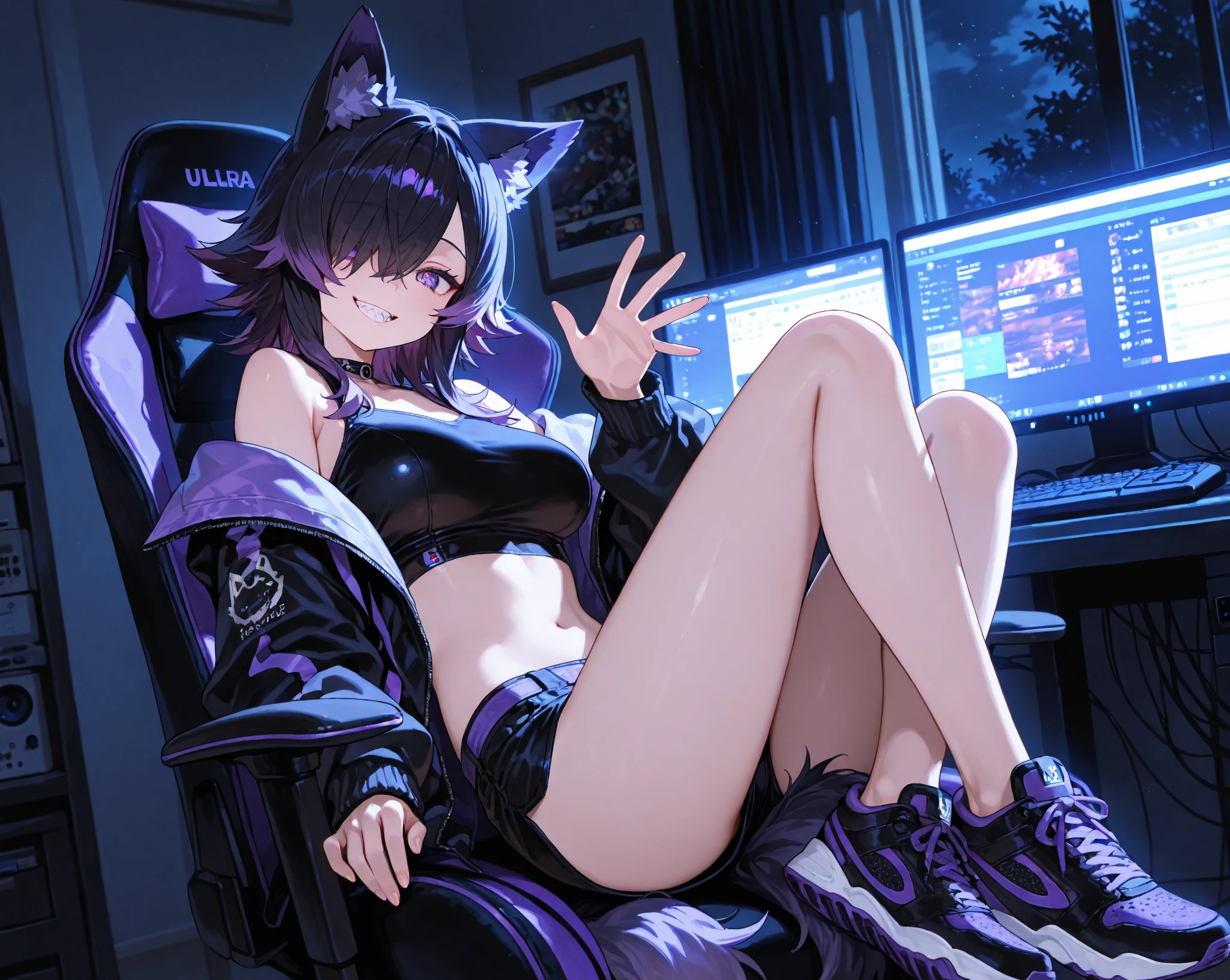 martina,purple eyes, purple hair, very long hair, ponytail, hair scrunchie, green choker, o-ring top, tank top, sleeveless, waist cape, black shorts, green belt, boots,fcPortrait animegirl, foxgirl