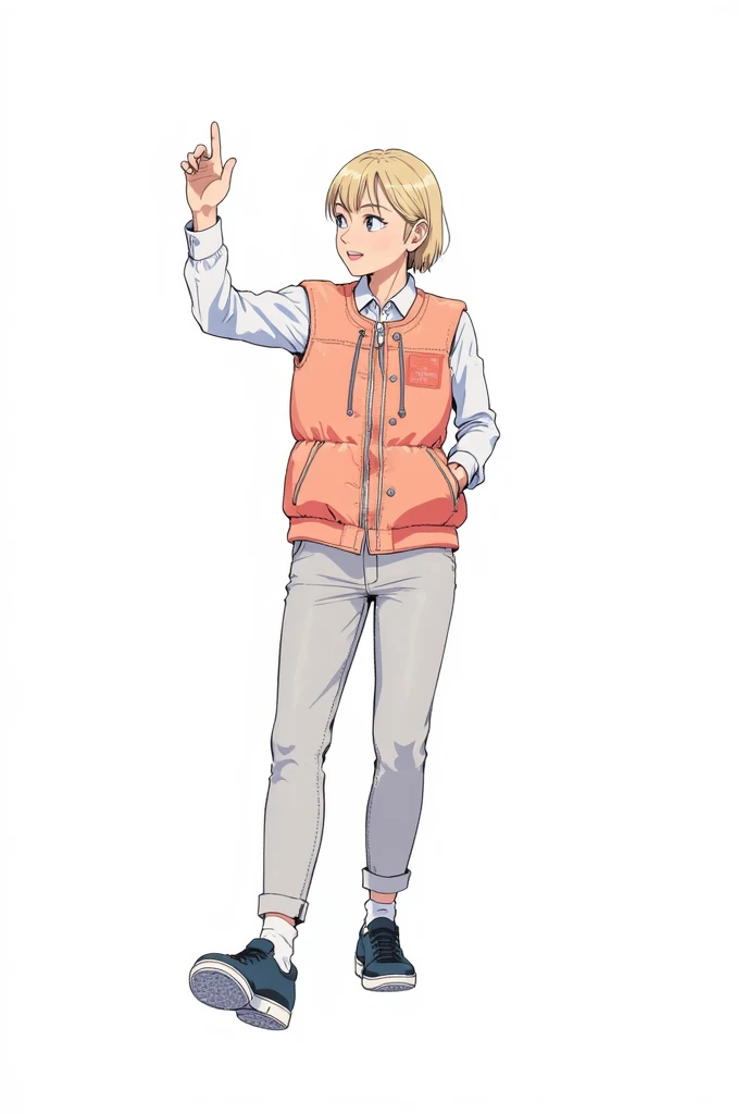 Pretty Girl, beautiful minimalist clothing, THIN GIRL, good anatomy ,cute bangs, comfortable clothing, manga anime, High Quality, elegant jacket , pastel colors , winter outfit, aesthetic , smile, clothes casual ,high resolution, Girl shoes detail, slightly elegant