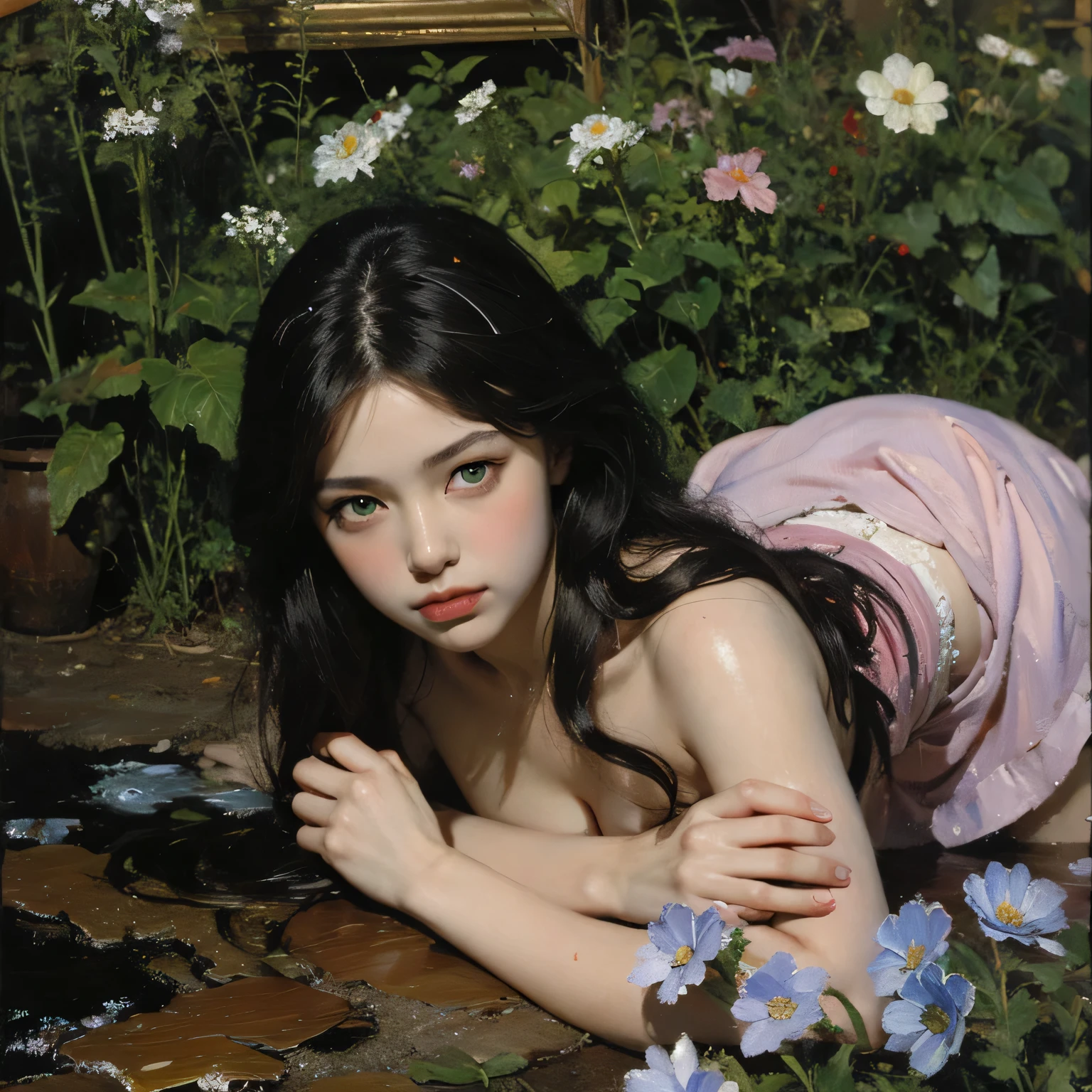 Naked Summer, Full Tattoo, (Masterpiece, Top Quality, Best Quality, Official Art, Beautiful and aesthetic: 1.2), (1 flower), full body, Extremely Detailed, (Fractal Art: 1.3), Colorful, More Detailed , "Best Quality", "Masterpiece, Sakimichan-style art, slight smile, legs open, pubic hair view, 1 sexy girl in transparent forest clothing, exposed breasts, open transparent T-shirt, Mandala and flower tattoos, Best Quality ,black hair fused with platinum and gold, naked girl, visible beautiful pubic area, pink pesons, small breasts in sight, water pond in the garden, mandala and flower tattoos on the naked body, old floating clock, lamp, lantern , skin wet with water, bed floating in pond, beautiful girl lying on bed, fantasy, view from above, open legs,