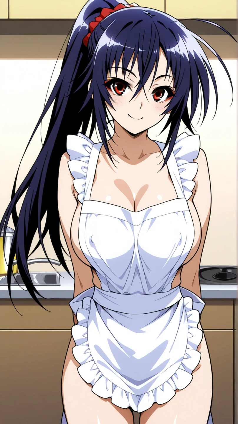 1girl, solo, kawasumi_saya, (large breasts:1.3), cowboy shot, crossed arms, off shoulder, sweater, bent over, (confused:1.2), looking at viewer, black hair, hair between eyes, brown eyes, ponytail, hair bow, white bow