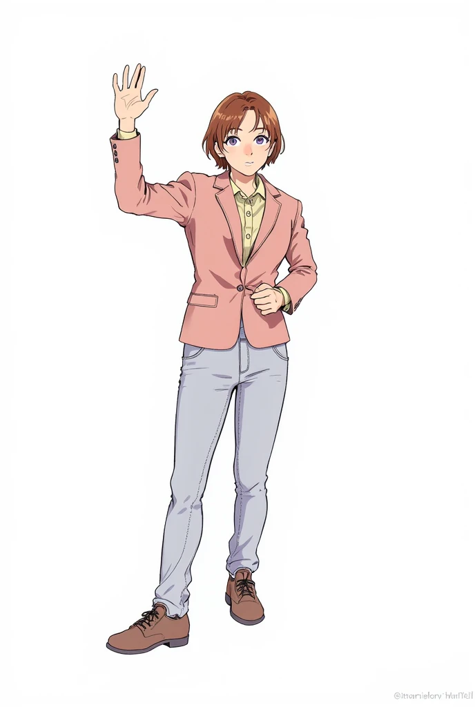 Pretty Girl, beautiful minimalist clothing, THIN GIRL, brown hair, good anatomy ,cute bangs, comfortable clothing, manga anime, High Quality, elegant jacket , pastel colors , winter outfit, aesthetic , smile, clothes casual ,high resolution, Girl shoes detail, slightly elegant