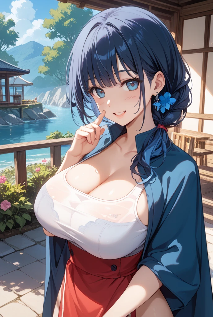 (((masterpiece, best quality))), (((superior quality))), cute girl, ((extremely detailed girl)), (huge breasts), (yukata), (bare shoulders), strapless top, slight smile