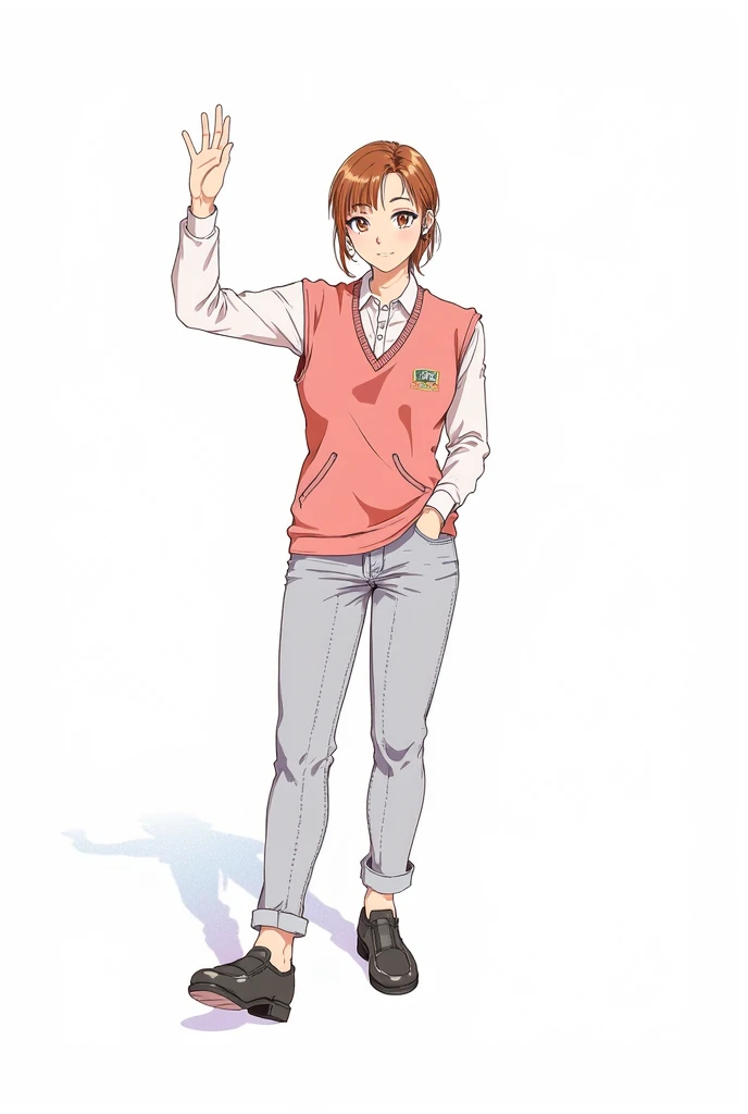 Pretty Girl, beautiful minimalist clothing, THIN GIRL, brown hair, good anatomy ,cute bangs, comfortable clothing, manga anime, High Quality, elegant jacket , pastel colors , winter outfit, aesthetic , smile, clothes casual ,high resolution,  Girl shoes detail, slightly elegant  