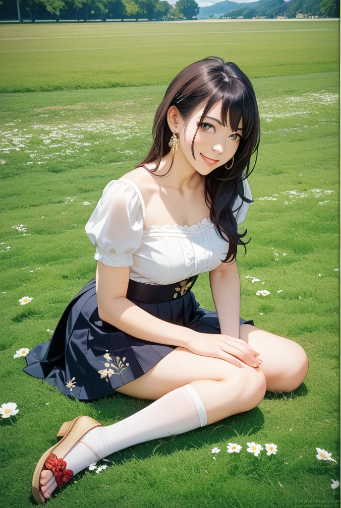 woman, 20-year-old, short black wavy hair、bangs、plump nipples、medium milk, cute smile、、sexy hips、black high heels、big necklace、((((the wind blew my skirt, expose my panties...))))、(light blue lace panties)、cute earrings、(tilt your head a little)