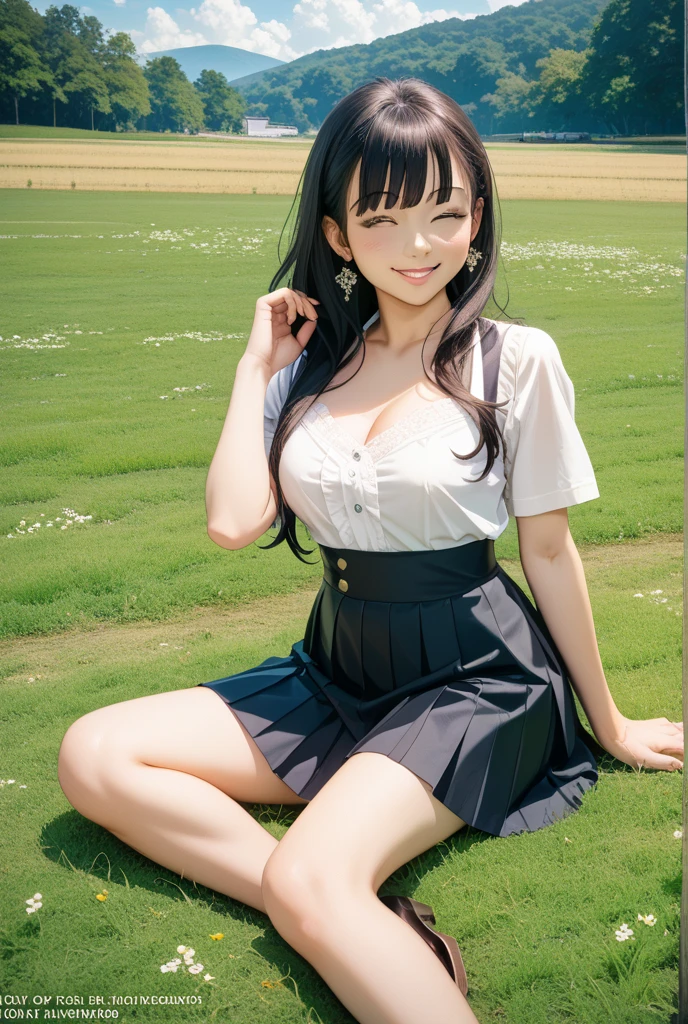 (Highest quality, 32k, High resolution, Masterpiece:1.5), marimo_jet, god々A photograph with brilliant dazzling and healing power., Evoking a sense of calm and elusive beauty, Expressing emotions, Have a rich imagination,Beautiful Japanese Girls, An exceptionally beautiful face, Small Face Beauty, Perfect Human Anatomy, Magical big eyes, Motherhood and generosity, Deep Love, fleeting smile, ((Shiny black hair:1.1)), Super Long Straight Silk Hair, Asymmetrical bangs, Hair between the eyes, Transparent, soft white skin, Sharp eyebrows, Thin lashes, Natural Makeup, Cheek highlighter, Pale pink detailed lips, ((Turquoise Shirt:1.1)), ((Plain white t-shirt:1.2)), ((Red and black checked pleated skirt:1.2)), High resolutionの完璧な鎖骨, High resolutionの美しい胸元, Slim figure with ample breasts, High resolutionの美しい太もも, Beautiful legs, ((On the hill in spring:1.3)), ((A rural landscape below the hills:1.4)), Sitting on a green meadow, ((Absolute area:1.6)), Dazzling sunlight, blue sky, White cloud, Professional Lighting, Professional photographer, Professional models, god秘的