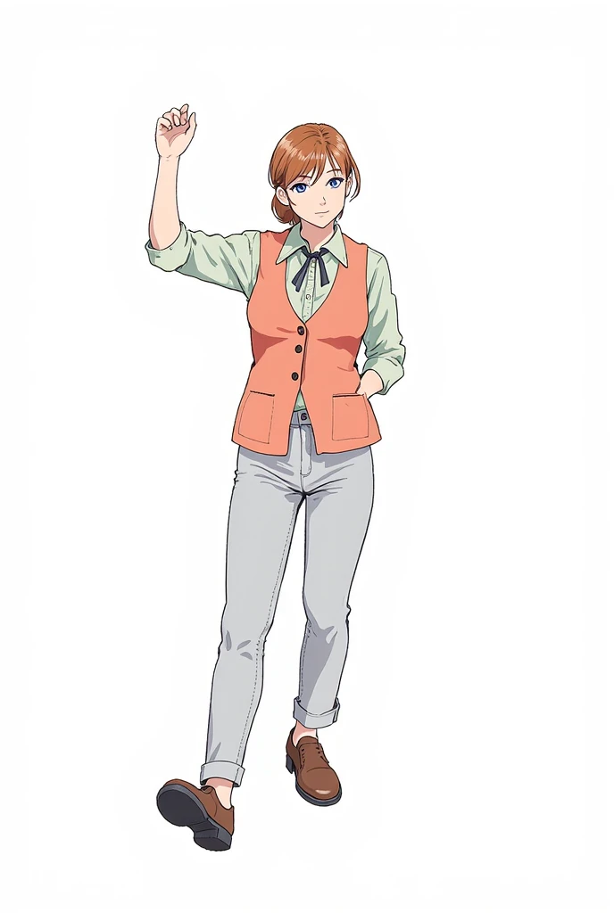 Pretty Girl, beautiful minimalist clothing, THIN GIRL, brown hair, good anatomy ,cute bangs, comfortable clothing, manga anime, High Quality, elegant jacket , pastel colors , winter outfit, aesthetic , smile, clothes casual ,high resolution, Girl shoes detail, slightly elegant