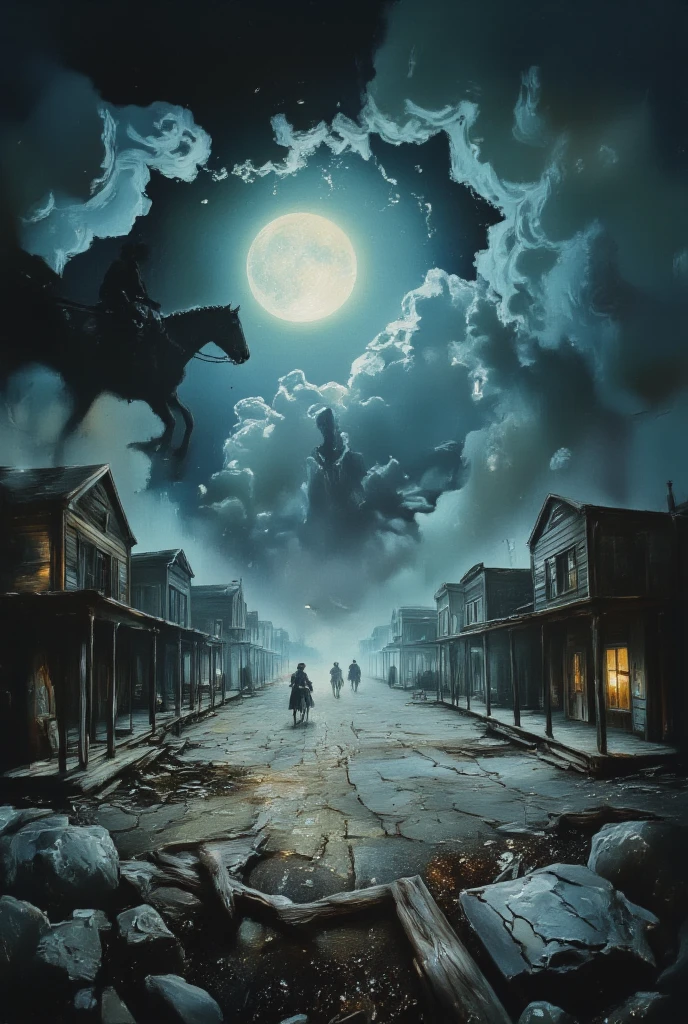 {{A ((surreal)) depiction of {((a ghost town haunted by wild west spirits))}}} with {((phantom horses running through empty streets, floating lanterns, and spectral sheriffs))}. This is a {((gothic western))}-inspired image that showcases {((the eerie folklore and abandoned beauty of the wild west))}. The environment/background should be {((outdoor, moonlit, fog-filled abandoned town))} to create an {((atmosphere of mystery and unease))}. The image should be in the style of a {((digital illustration))}, incorporating elements of {((Tim Burton aesthetics, Dishonored game design, gothic surrealism))}. The {((panoramic shot))}, captured with a {((fish-eye))} lens, will provide a {((distorted, dreamlike perspective))}. The lighting should be {((low-key and backlit))}, emphasizing {((shadows, fog, and glowing spectral effects))}. The desired level of detail is {((painterly with fine textures))} with a {((4K))} resolution, highlighting {((cracked wood, flickering lights, and transparent figures))}. The goal is to create a {((haunting, dreamlike))} image that captivates viewers with its {((ghostly atmosphere and fantastical detail))}.